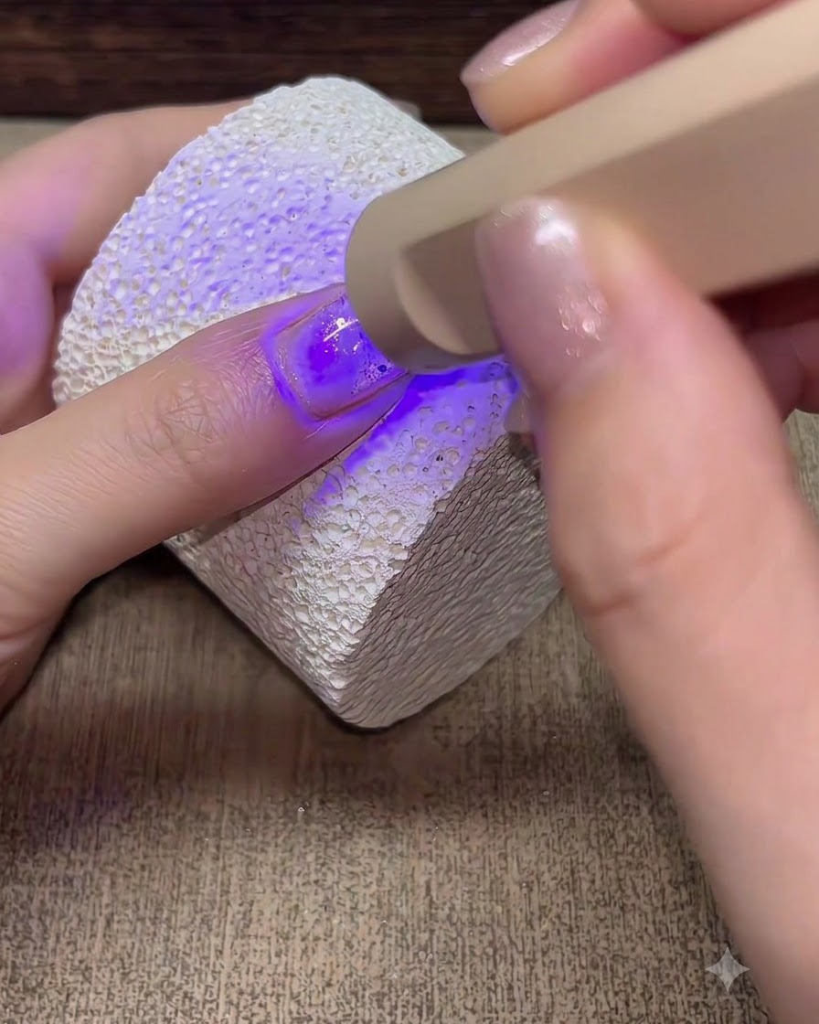 빌더 젤이 도포된 손톱을 휴대용 UV/LED 램프로 경화하는 모습.