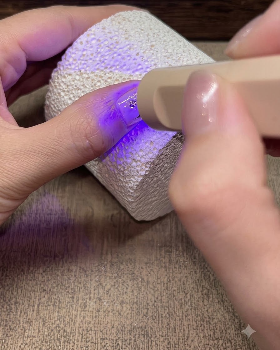 휴대용 UV/LED 램프가 반짝이는 별 네일 디자인 위로 최종 탑 코트 실링을 경화하는 모습.