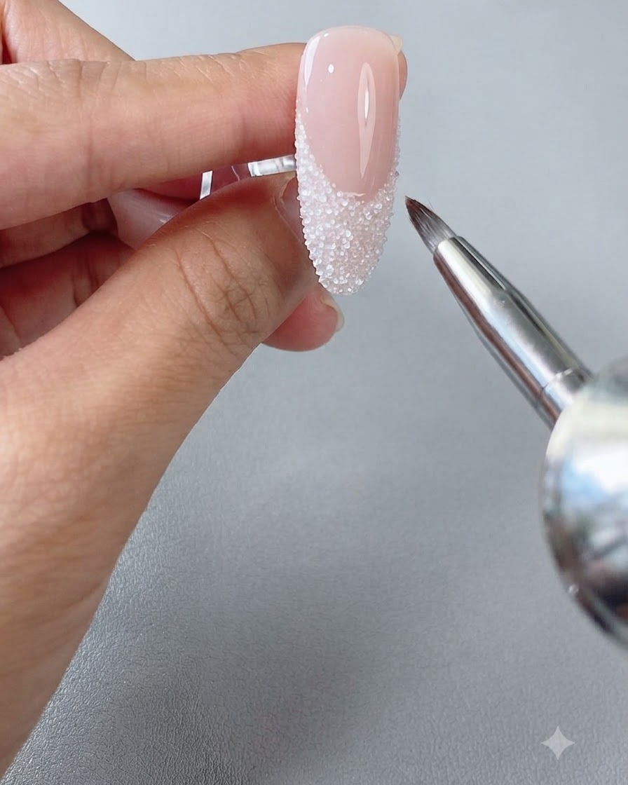 작은 네일 브러시가 긴 아몬드 네일의 프렌치 팁에서 여분의 흰색 디핑 파우더를 부드럽게 쓸어내는 모습cite: 1.