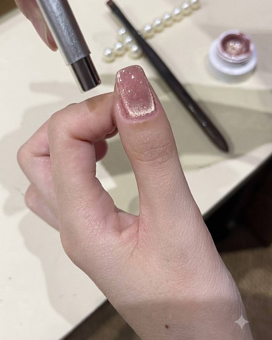 엄지 손톱 중앙에 선명하게 빛나는 자석젤 빛 줄기를 보여주는 클로즈업 샷.
