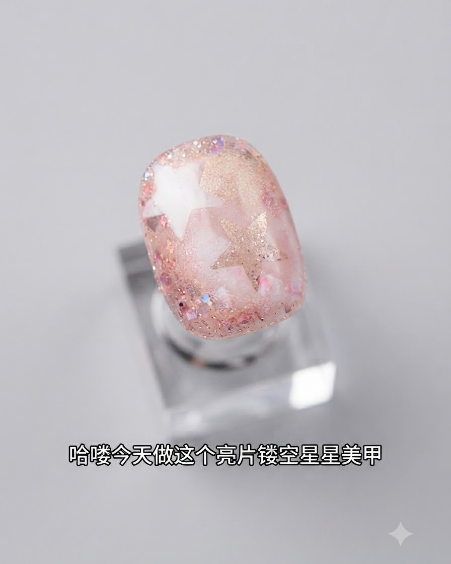 데코레이션된 네일 표면에 부착된 별 스텐실 위로 스펀지가 솔리드 컬러 젤을 가볍게 톡톡 두드리는 모습.