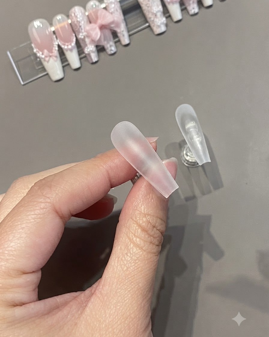 폴리쉬 도포를 위해 인조 네일 표면을 다듬는 샌딩 블록을 들고 있는 손의 클로즈업.