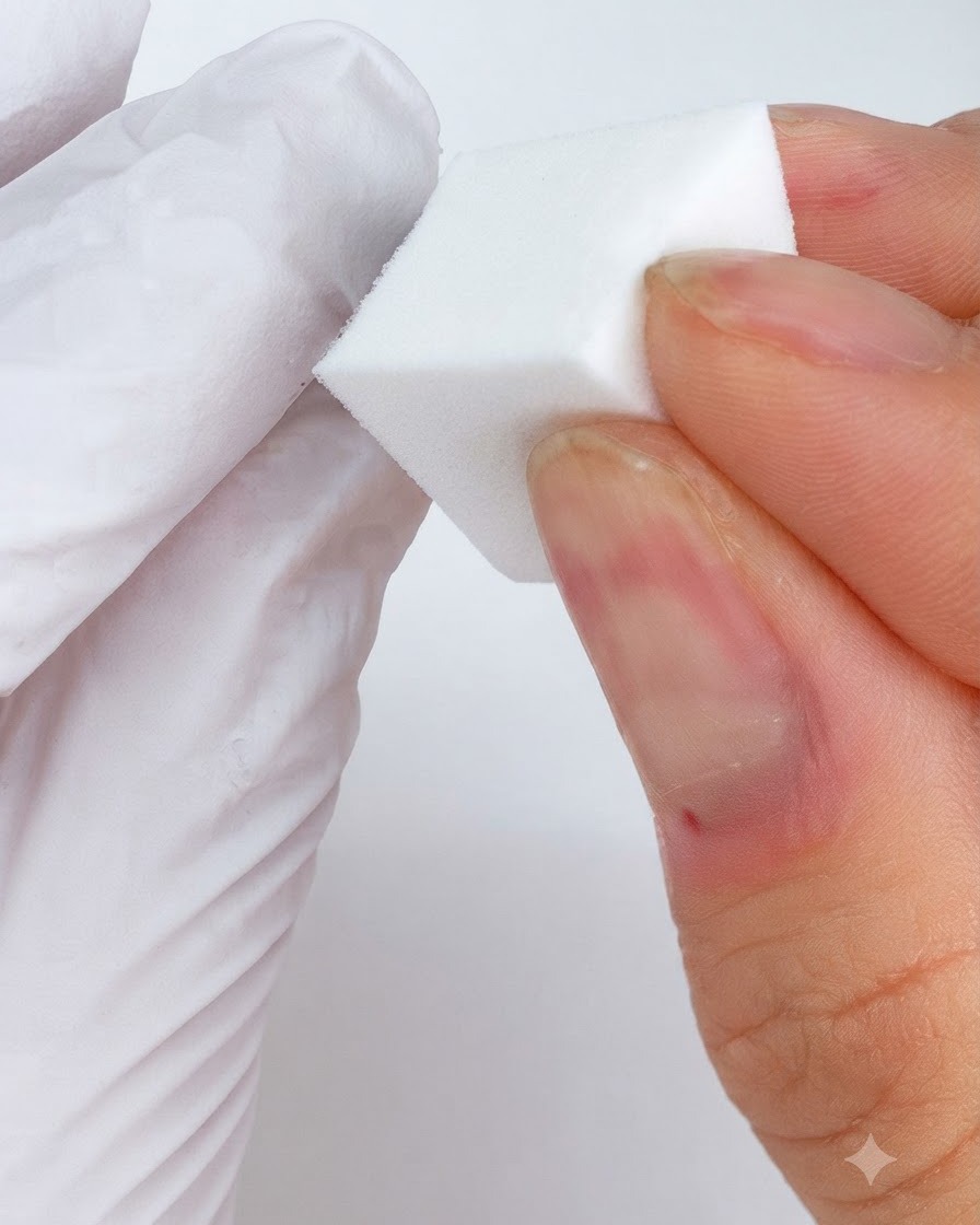 하얀색 화장용 스펀지를 네일에 대어 화이트 젤을 부드러운 원형으로 퍼지게 하는 모습.
