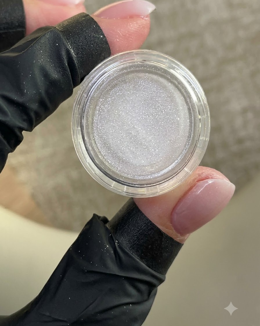 장갑을 낀 손이 매니큐어된 손톱이 보이는 상태에서 반짝이는 화이트 파우더가 담긴 열린 작은 용기를 들고 있는 모습.