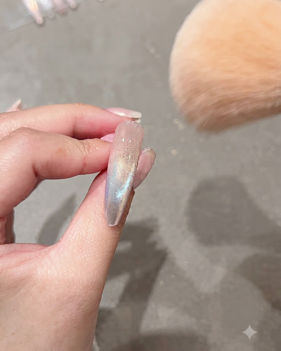 크고 부드러운 메이크업 브러시로 장식된 네일의 남은 오로라 파우더를 털어내는 모습.
