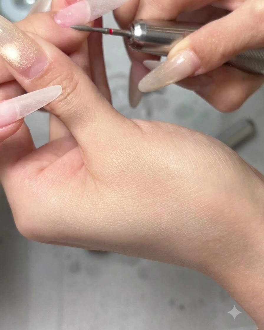 매니큐어리스트가 전동 파일을 사용하여 길고 자연스러운 손톱의 표면을 매끄럽게 다듬고 정돈하는 클로즈업 뷰.