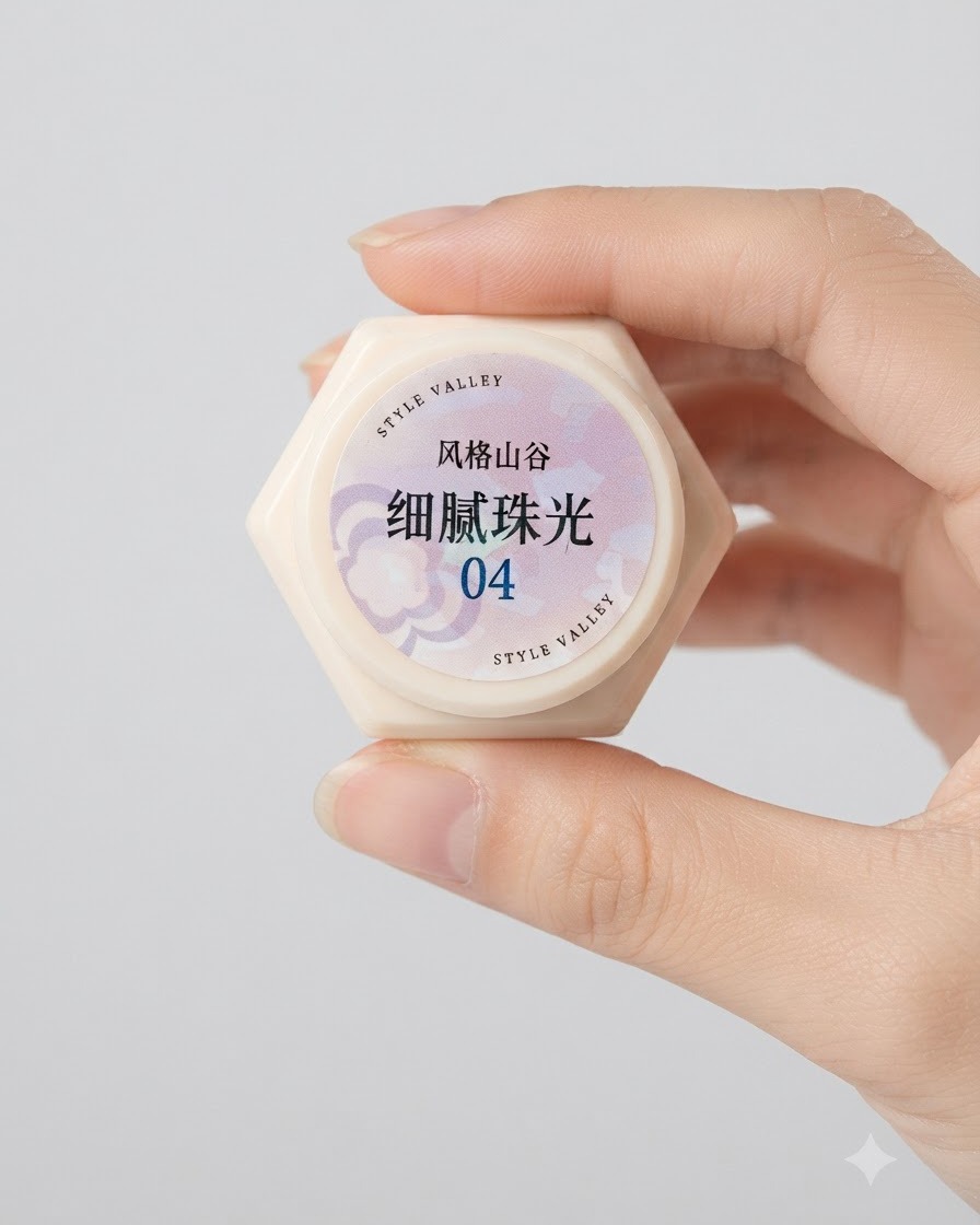 손으로 들고 있는 섬세한 펄 젤 4호의 작은 육각형 용기.