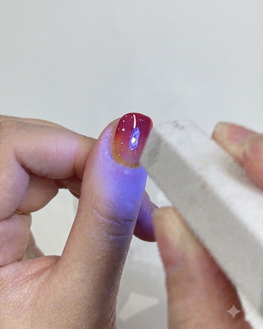 젤 경화 과정 동안 손 위로 푸른 빛을 발산하는 미니 UV/LED 램프.