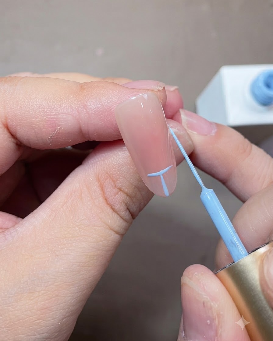프렌치 팁 모양을 잡기 위해 누드 네일에 연한 블루 컬러의 정렬 라인을 그리는 파인 라이너 브러시.