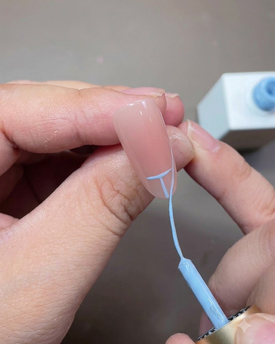 블루 가이드라인을 연결하여 네일 끝에 부드러운 프렌치 팁 아치를 만드는 파인 라이너 브러시.