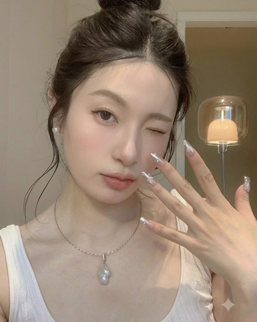 완성된 실버 크롬 매니큐어 풀 세트를 보여주기 위해 손가락을 부드럽게 펼친 모습.