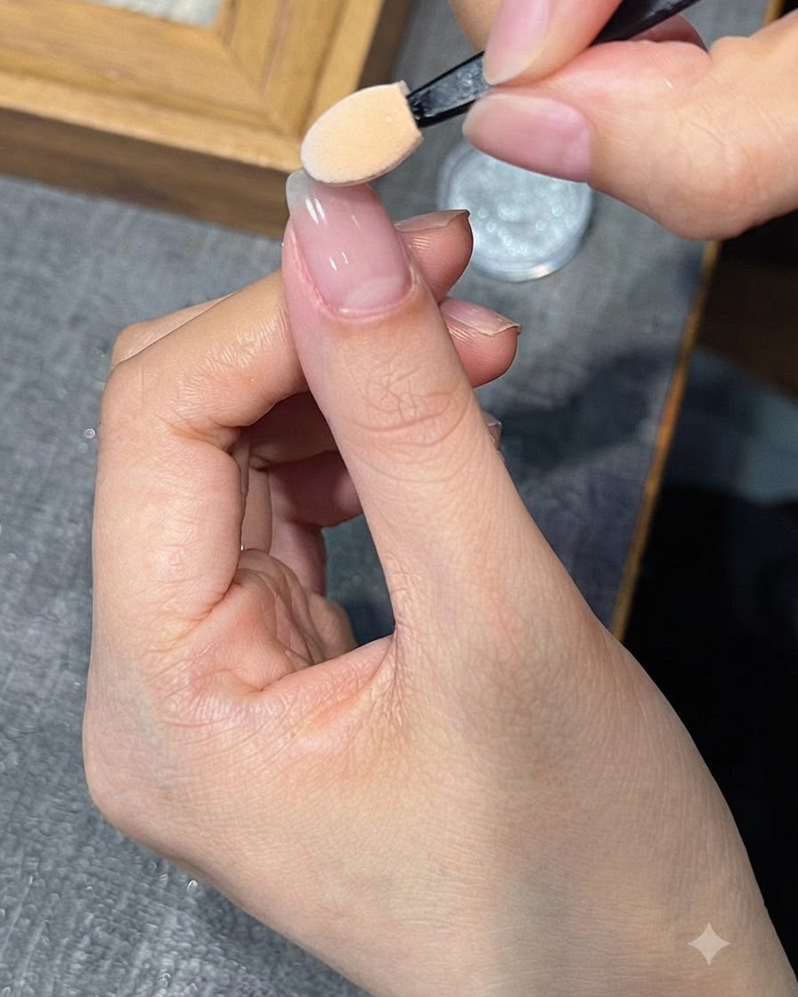스폰지 어플리케이터가 손톱 끝에 실버 크롬 파우더를 블렌딩하고 있는 모습.