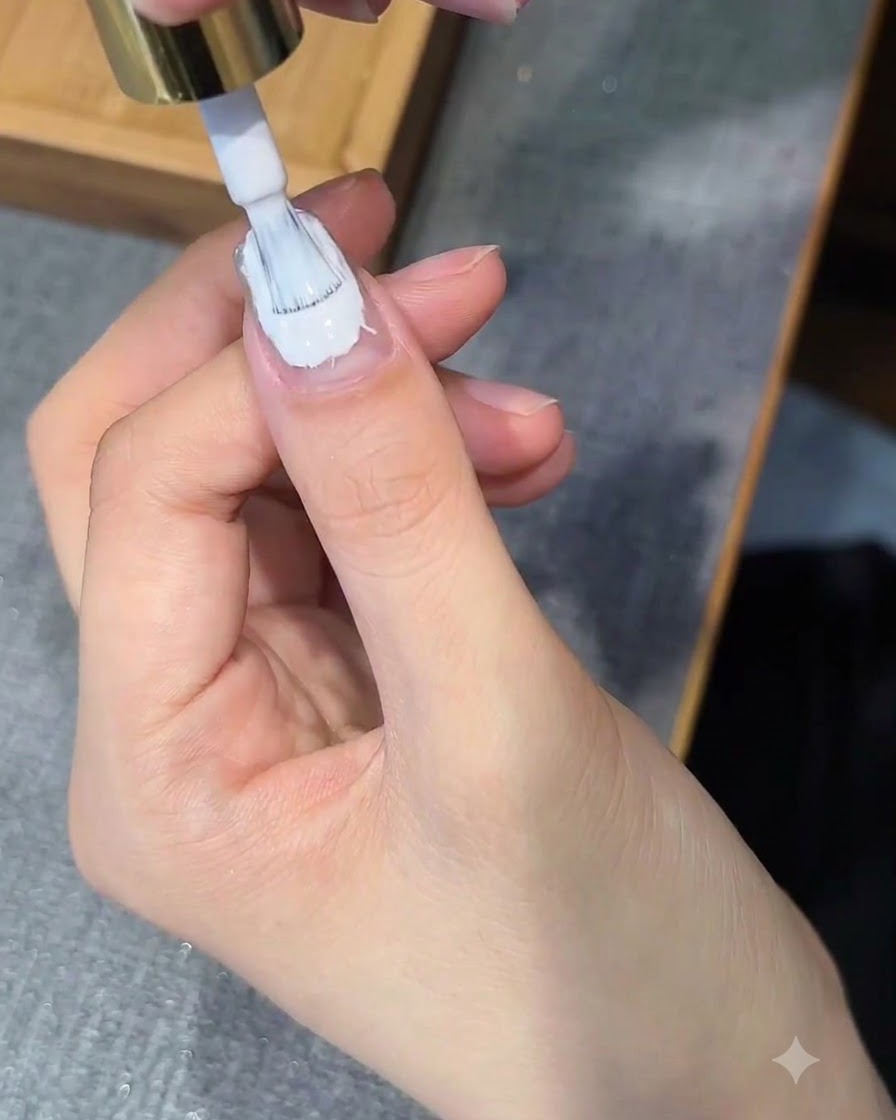 네일 브러시가 장식된 손톱 위에 클리어 탑코트를 바르고 있는 모습.