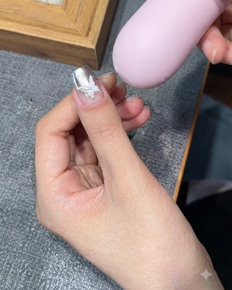 매니큐어가 된 손이 핑크빛 UV/LED 큐어링 램프 아래에서 네일을 쬐고 있는 모습.