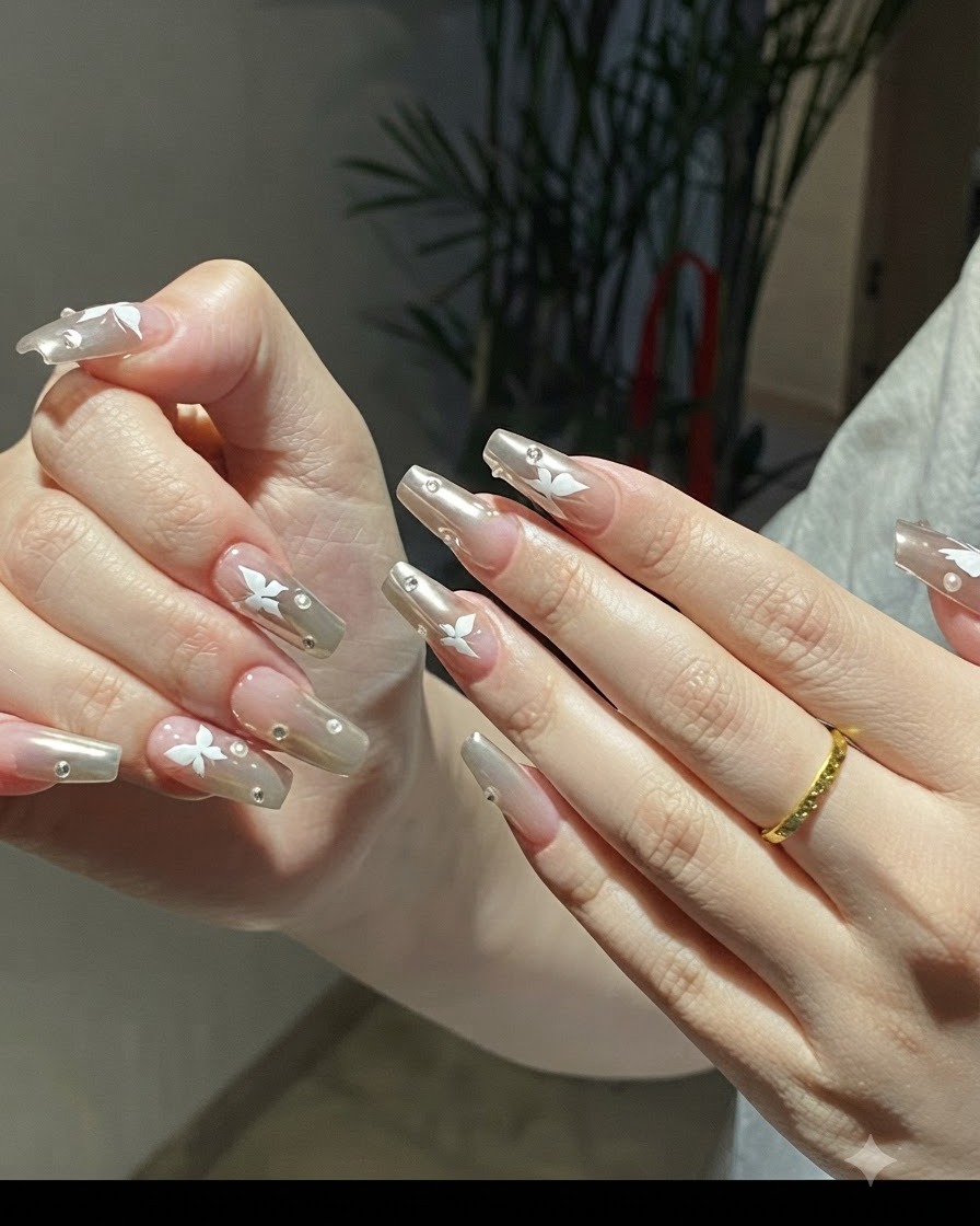 화이트 나비로 장식된 실버 크롬 네일의 반사 깊이를 드러내기 위해 손을 부드럽게 회전하는 근접 뷰.
