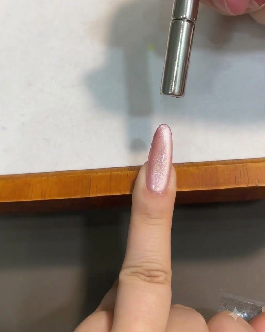 광택 있는 핑크색 자석젤 네일 바로 위 가까이에 원통형 자석을 대어 빛 스트립 모양을 잡는 모습.