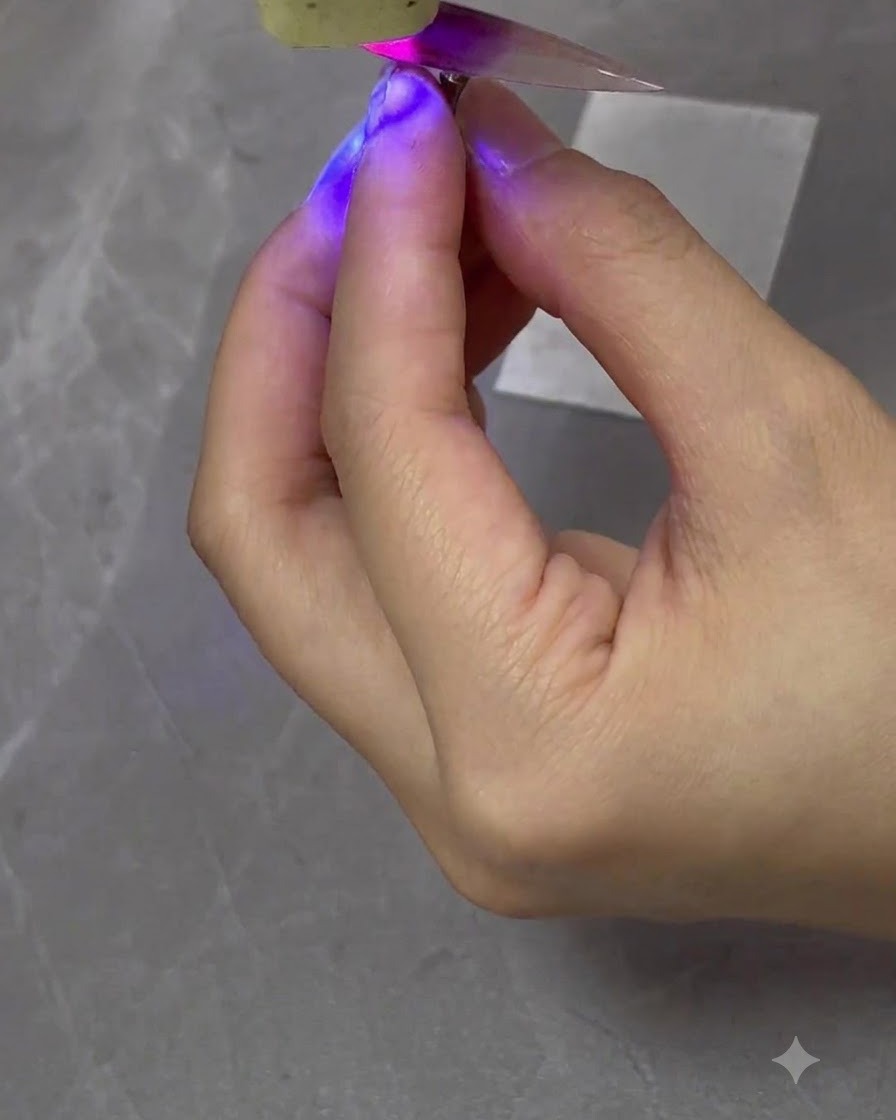 손으로 잡고 있는 그라데이션 도포 네일 팁을 큐어링하는 미니 보라빛 UV/LED 램프.