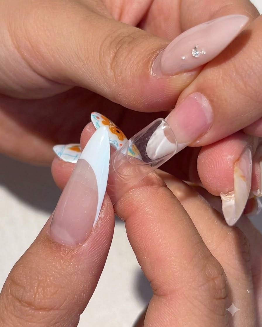 Eine transparente Nagelschablone wird unter einem Fingernagel gehalten, um den nach unten gerichteten Wachstumsangleich zu korrigieren.