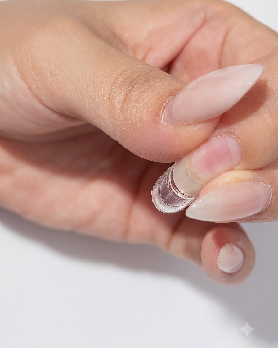 Ein Fingernagel mit einer klaren Nagelschablone darunter wird unter einer Mini-UV-/LED-Lampe ausgehärtet.
