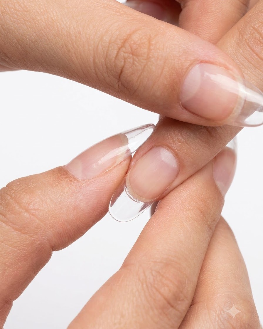 Eine Hand entfernt eine transparente Nagelschablone von einem frisch ausgehärteten und verlängerten Fingernagel.