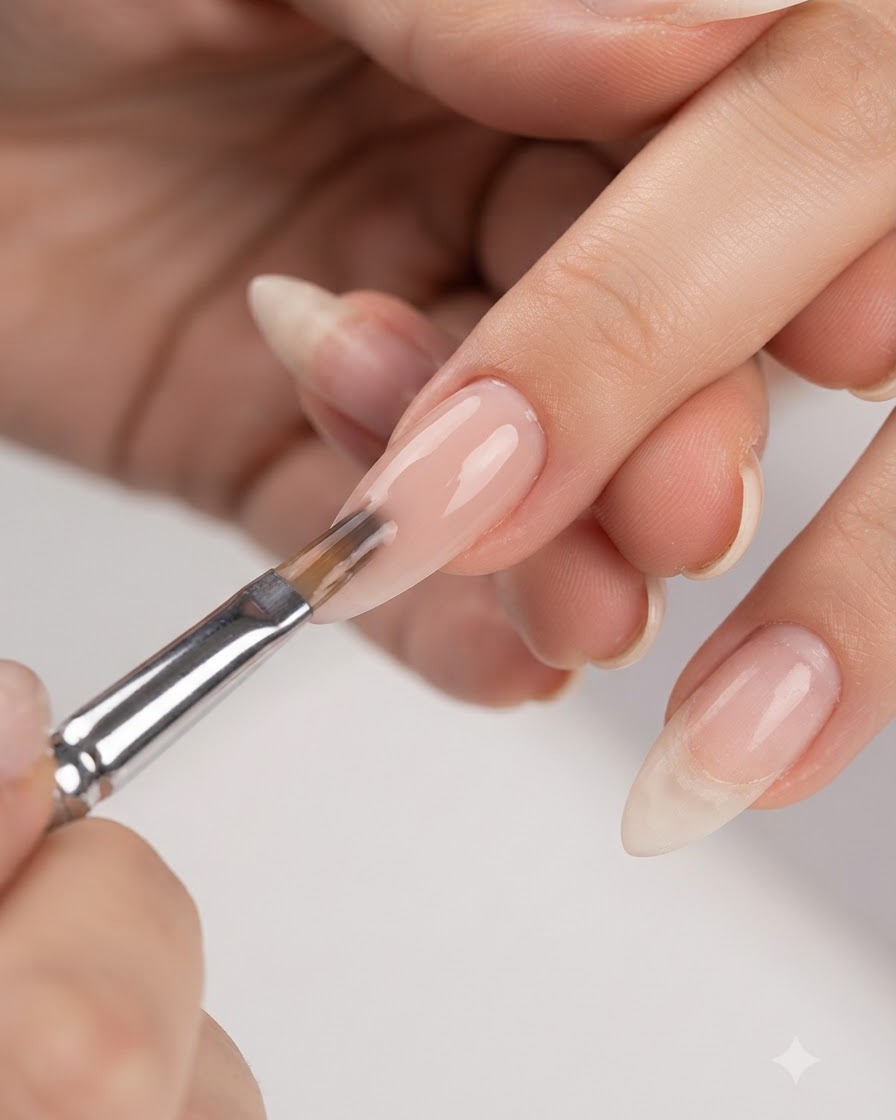 Eine detaillierte Ansicht eines Pinsels, der farbiges Builder Gel auf einem Fingernagel glättet und nivelliert.