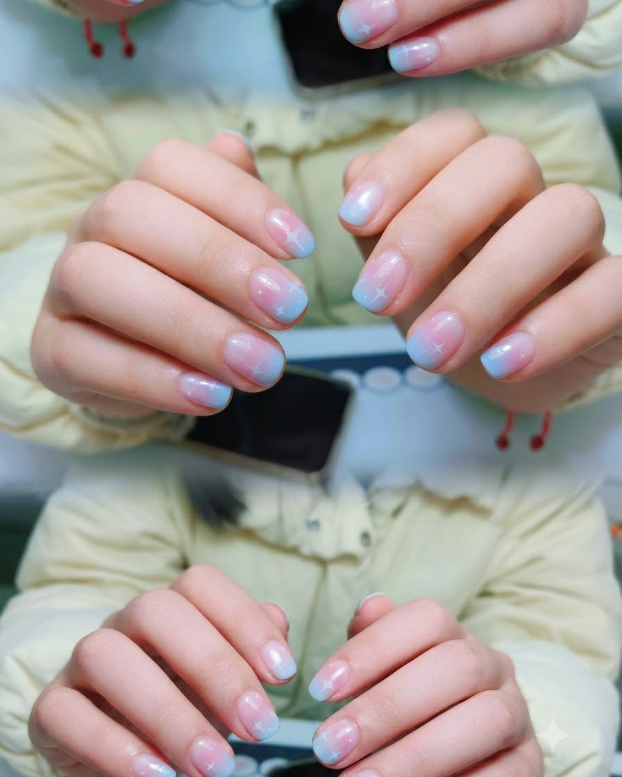 전문가용 UV 및 LED 네일 램프 안에서 젤을 경화시키는 손의 모습.