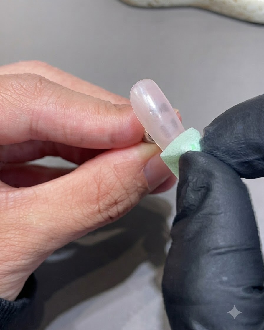 텍스처가 있는 초록색 메이크업 스펀지로 폴리싱된 손톱 끝에 컬러 안료를 톡톡 두드려 바르는 모습.