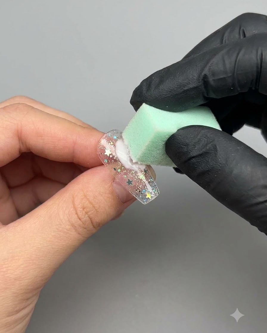 별 스티커로 장식된 손톱 위에 초록색 스펀지로 화이트 젤을 톡톡 두드려 바르는 모습.