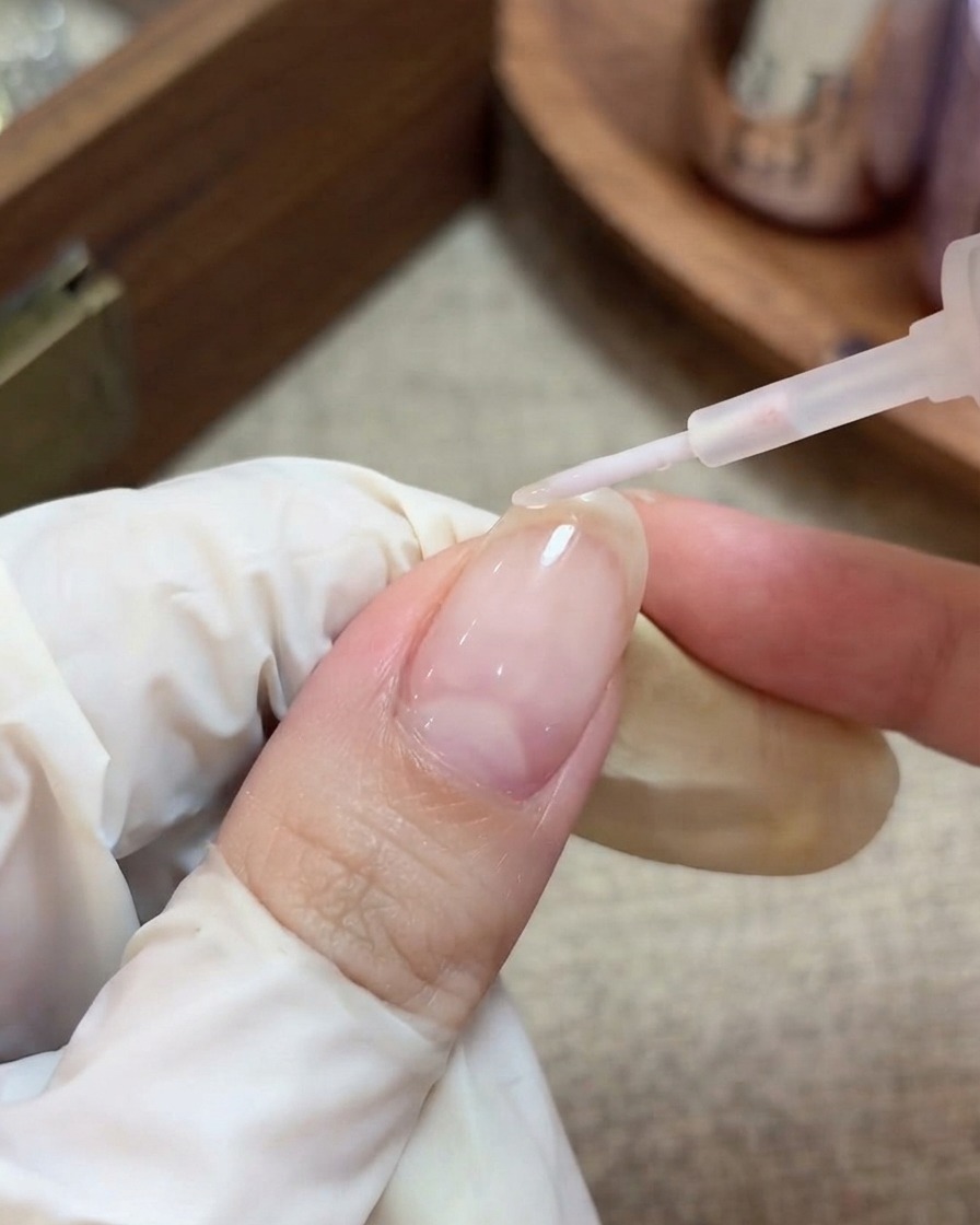 장갑을 낀 손이 브러시를 사용하여 별 글리터가 내장된 손톱 위에 투명하고 광택 있는 탑 코트를 바르는 모습.