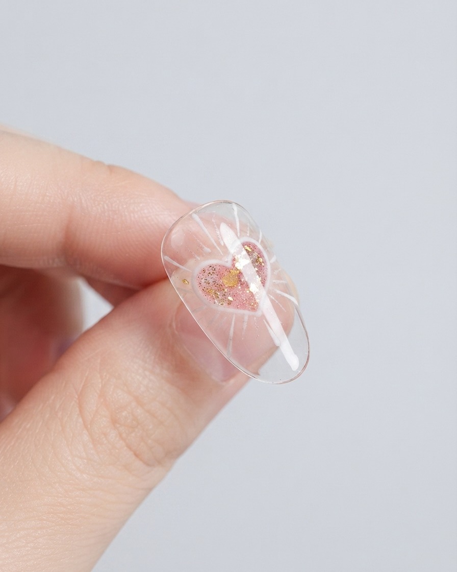 광화 패턴 위에 볼륨감 있는 유광 3D 입체 하트 모양이 돋보이는 완성된 네일.