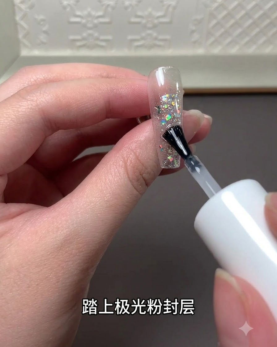 네일 연장 팁의 글리터 디자인 위에 탑 코트 병에 든 브러시를 사용하여 레이저 파우더 실링 층을 바르는 모습.