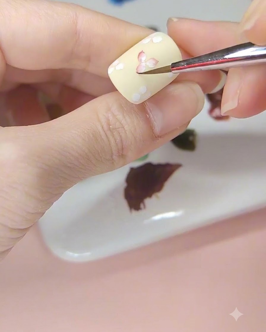 네일 브러시로 나머지 흰색 꽃 중심부를 레드 수채화로 물들이는 모습.