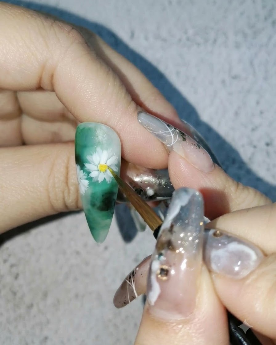 세필 브러시로 화이트 데이지 네일 아트의 중앙에 선명한 노란색 수채화 물감을 콕 찍어 바르는 모습.