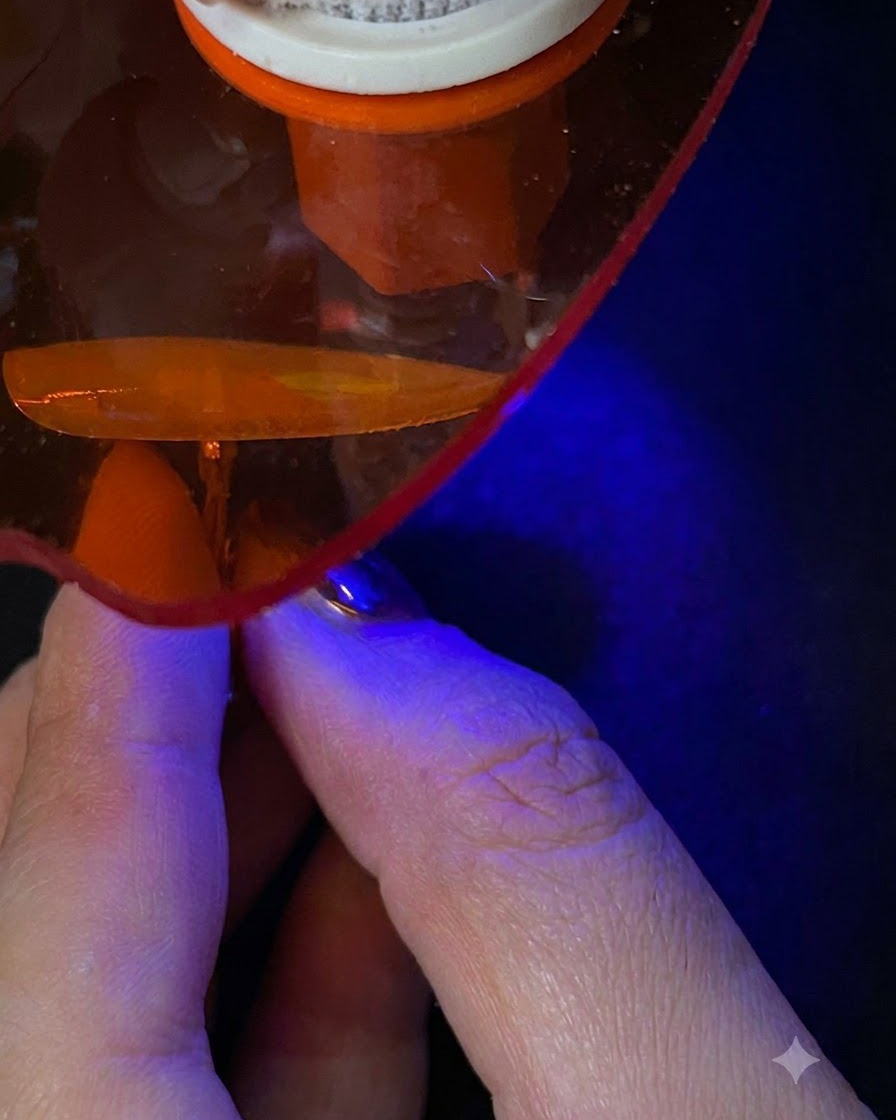 파란색 불빛이 나오는 휴대용 UV/LED 큐어링 램프 아래에 네일 팁을 넣고 굳히는 모습.