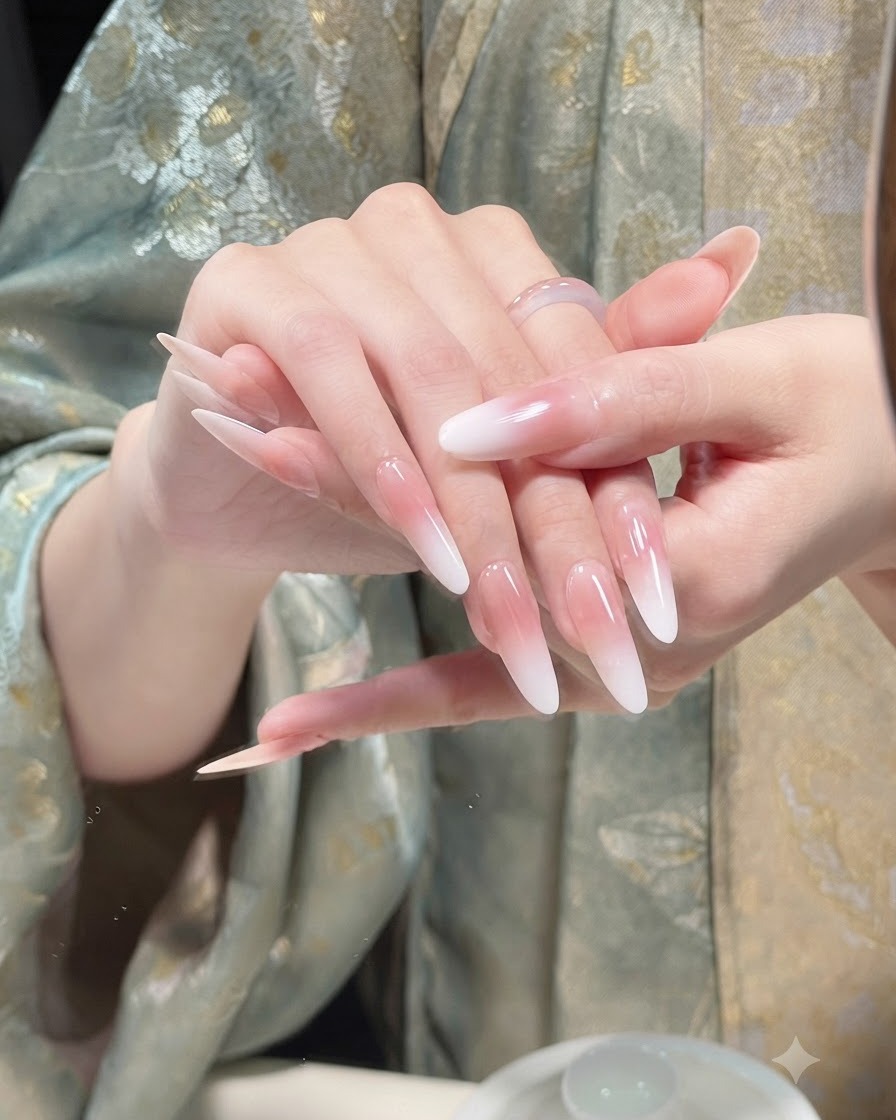 UV/LED 램프 아래에서 두 번째 핑크 젤 층을 큐어링하는 모습.