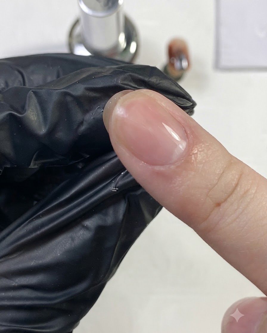 장갑을 낀 손가락이 경화된 네일의 반짝이고 투명한 표면을 힘주어 문지르는 모습.