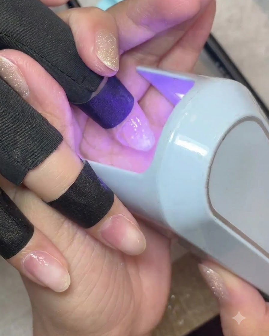 핸드헬드 UV/LED 미니 램프 아래에 놓인 손가락이 클리어 베이스 젤 층을 큐어링하는 모습.