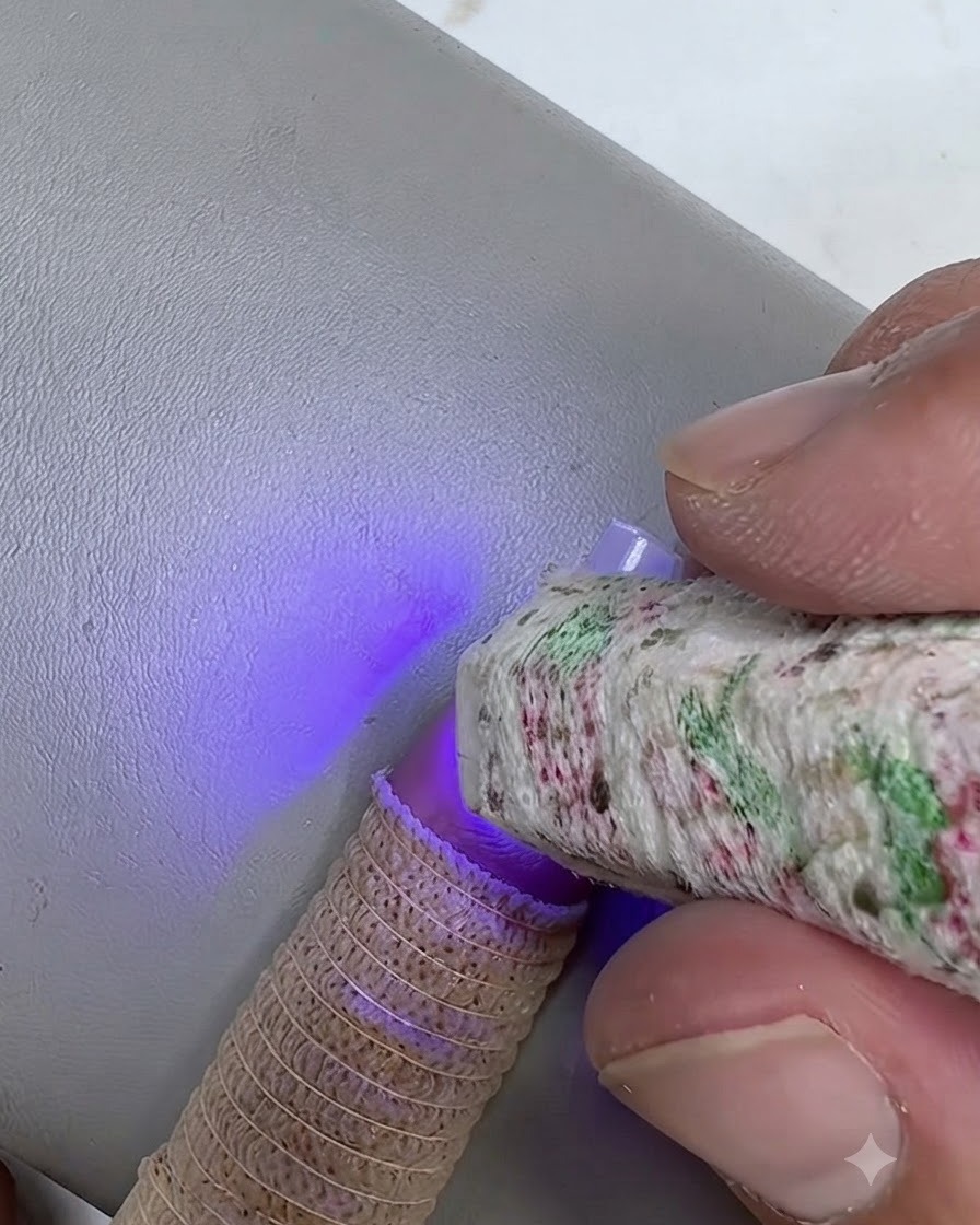 자연 손톱 위에 클리어 젤을 바른 상태에서 휴대용 미니 UV/LED 램프가 보랏빛으로 빛나며 굳히는 클로즈업 샷.