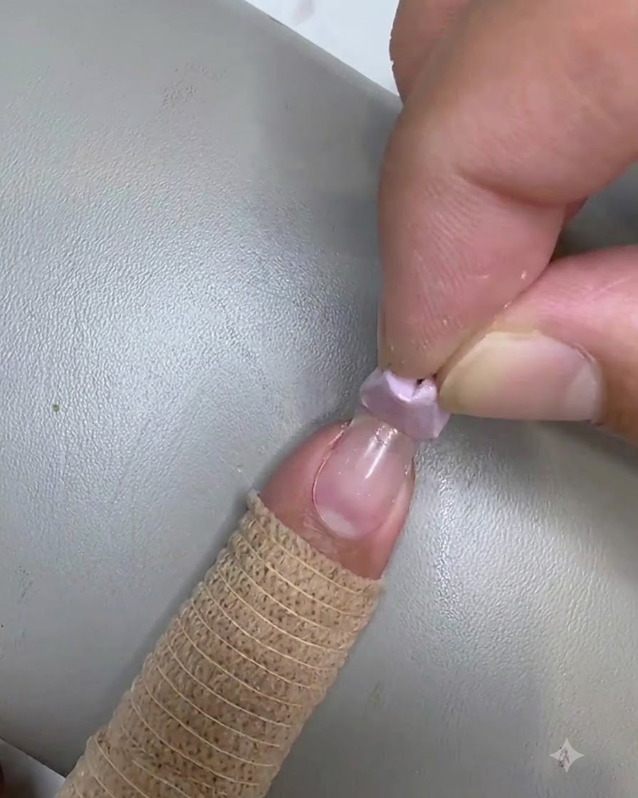 작은 메이크업 스펀지를 사용하여 손톱 끝부분에 클리어 젤을 가볍게 두드려 바르는 모습.