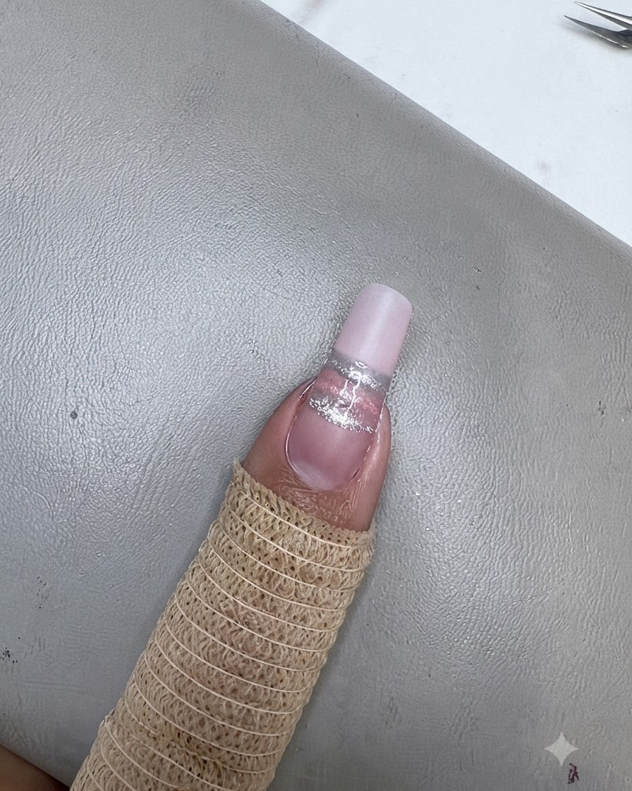 블루 캣아이 스트라이프가 있는 손톱이 미니 UV/LED 램프 아래에서 큐어링되는 모습.