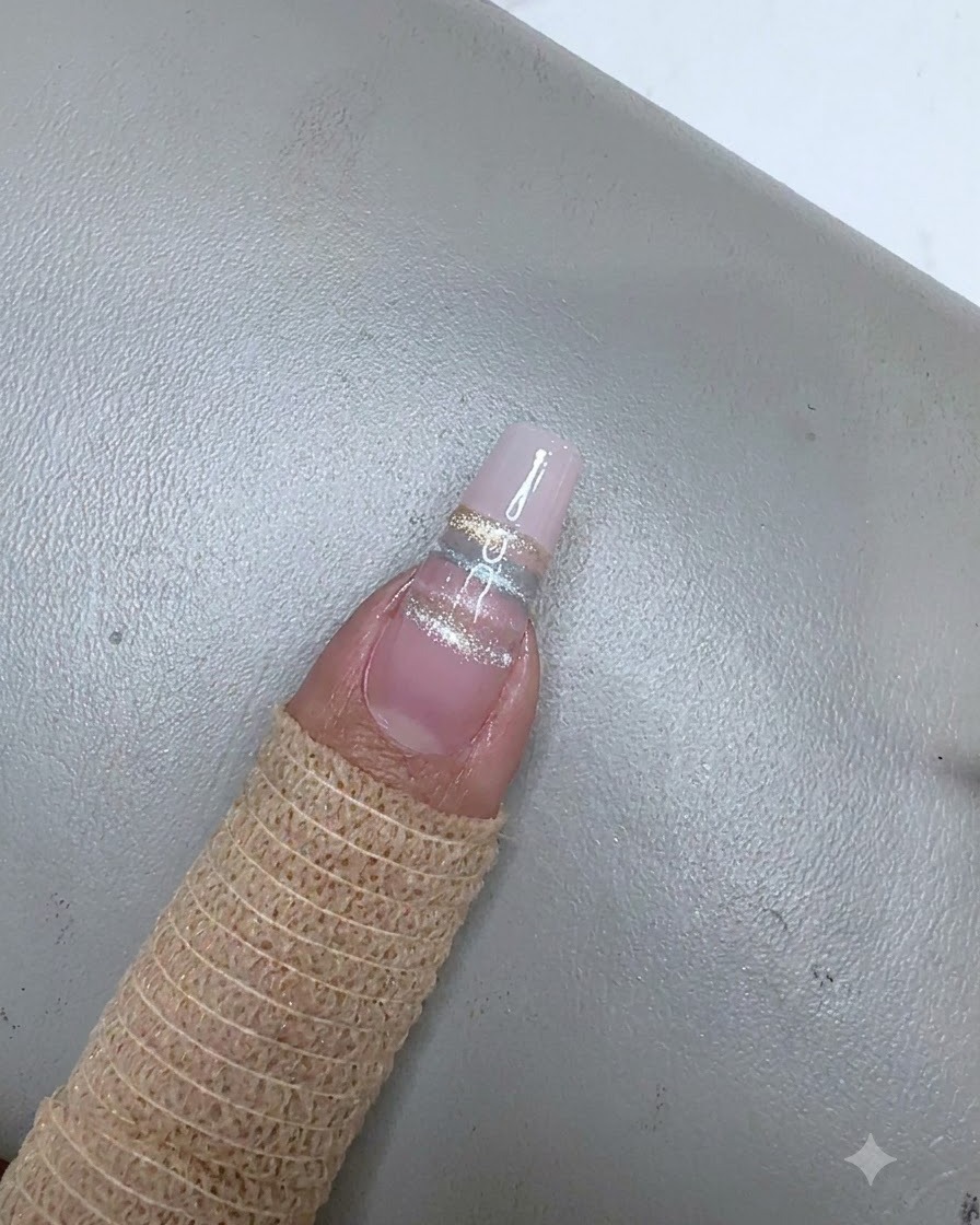 경화되지 않은 젤 네일의 스트라이프 디자인을 따라 실버 별 시퀸이 얹혀 있는 클로즈업 뷰.