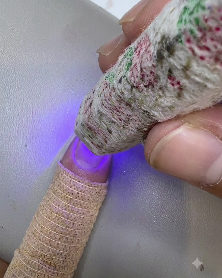 완성된 장식 네일의 탑 코트를 미니 UV LED 램프가 경화시키고 있는 모습.