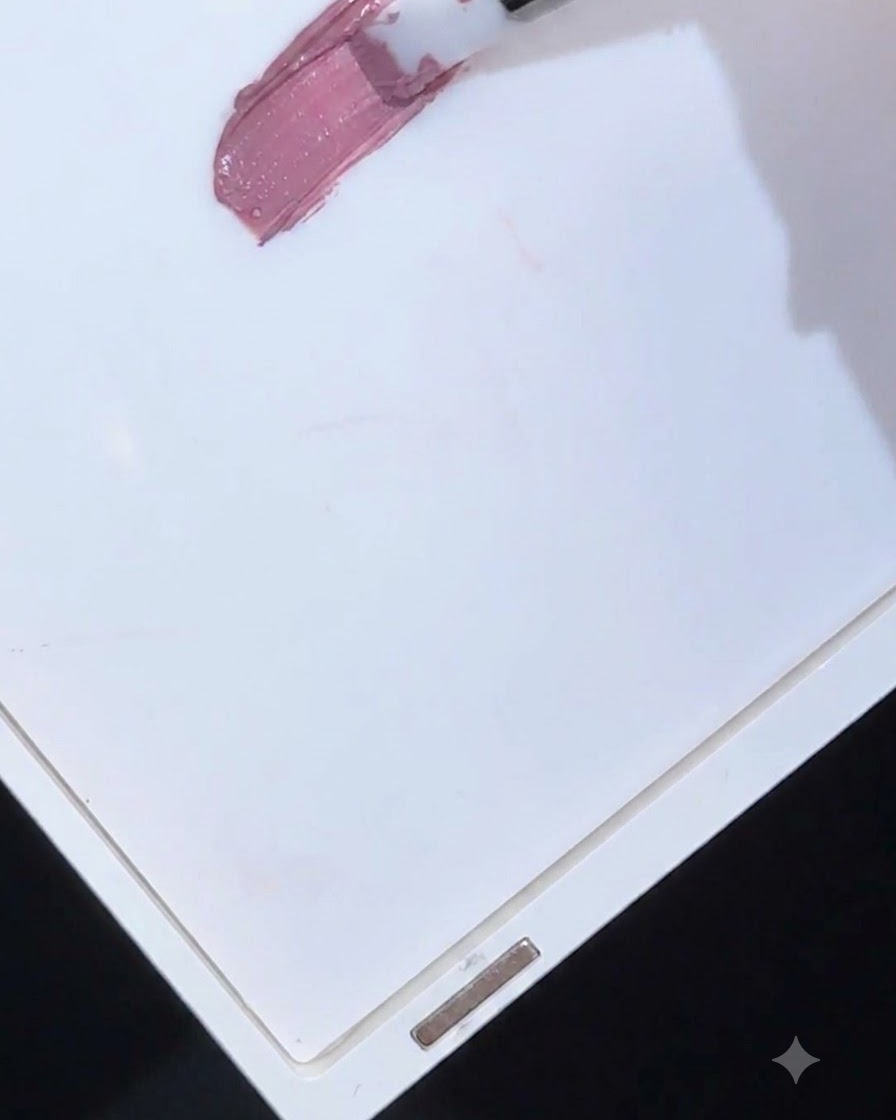 브러시로 흰색 플라스틱 팔레트에 모브 컬러의 패팅 젤을 펴 바르는 모습.