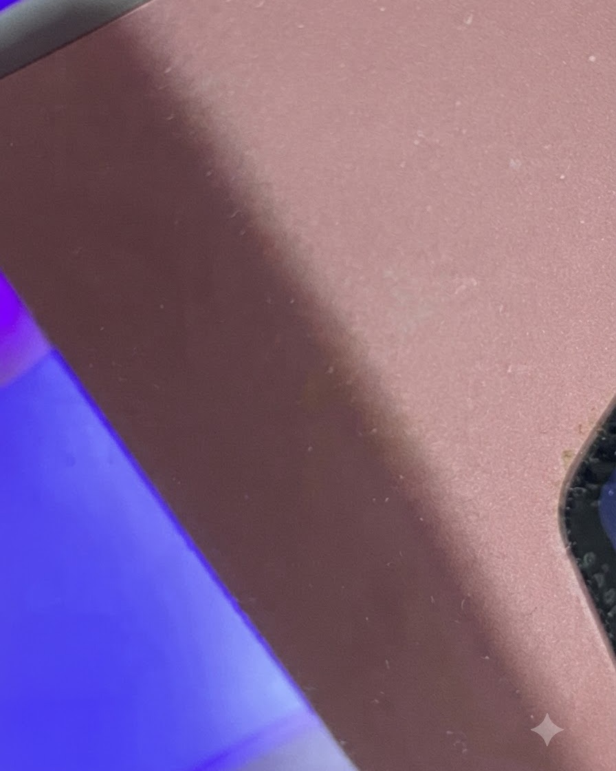보라색 불빛이 나오는 미니 UV/LED 램프 아래에 손가락을 놓고 큐어링하는 모습.