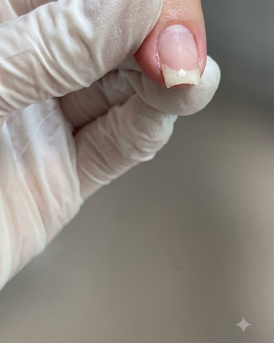 장갑을 낀 손가락이 큐어링된 손톱 위 클렌저 잔여물이 묻은 리nt-free 패드를 들고 있는 모습.