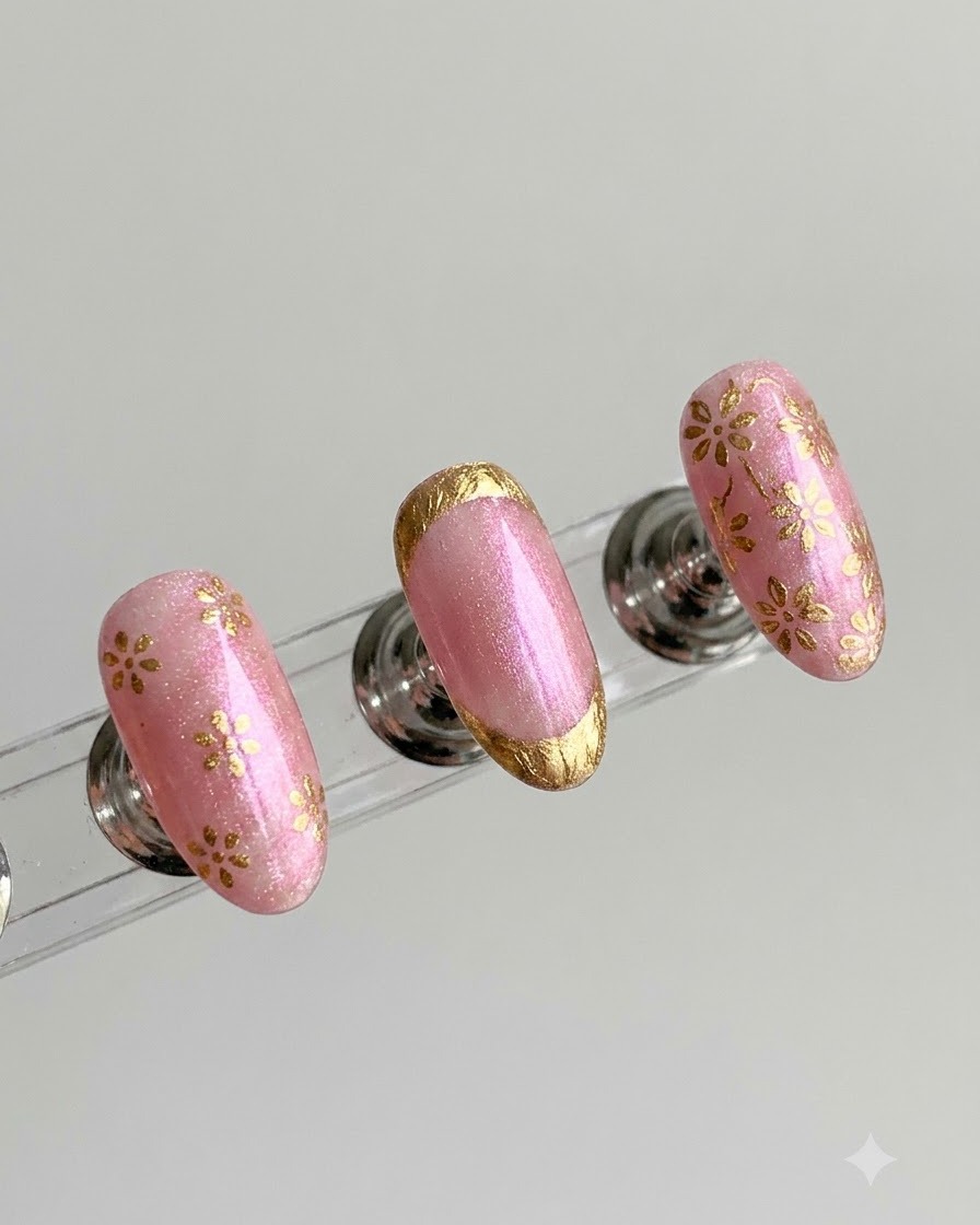 손톱 표면에 Jade D05 베이스 코트를 균일하게 바르는 네일 브러시.
