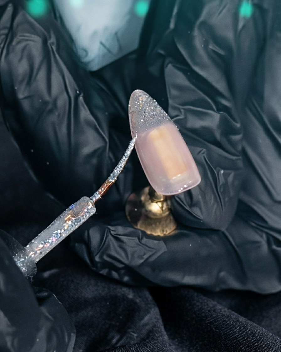 반짝이는 실버 젤로 프렌치 팁의 하단 부분을 채우고 있는 브러시.