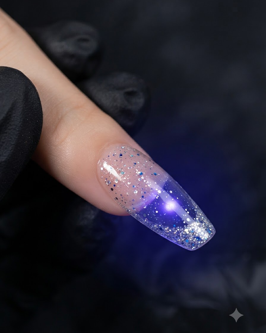 큐어링 과정에서 보라색 UV/LED 램프 불빛 아래에 있는 실버 글리터 네일의 클로즈업.