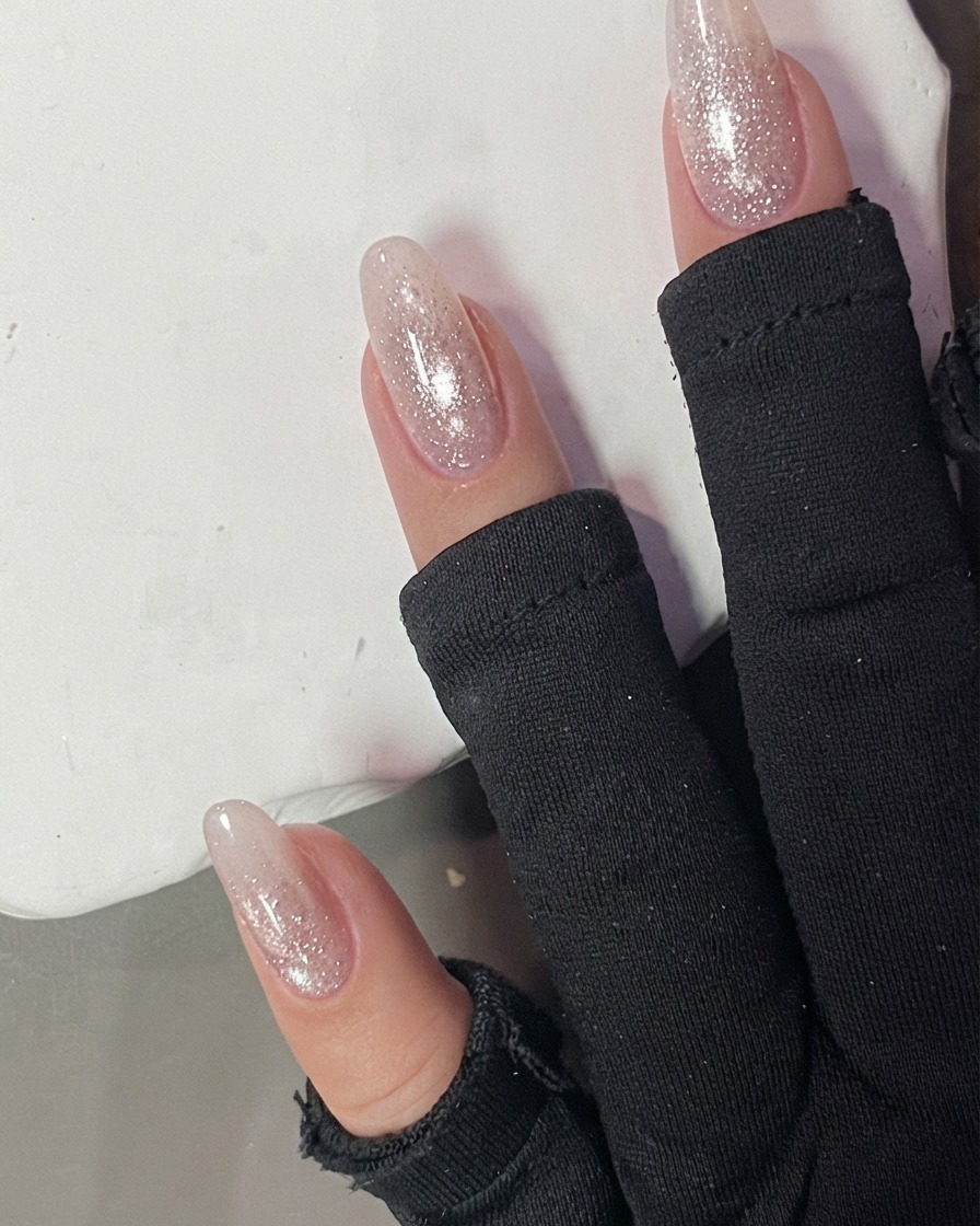 밝은 빛 아래 경화 램프 안에서 핑크 자석젤이 굳어가는 손가락들.