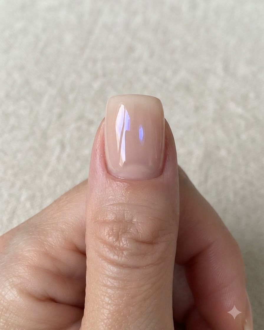 매끄럽게 경화된 뉴트럴 컬러 손톱이 미니 UV 네일 램프 아래에 놓여 있는 모습.